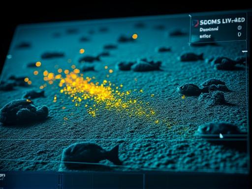 Et detaljert sonarskann som viser en fiskestim og havbunnens topografi i høy oppløsning, med klare konturer og dybdeinformasjon.